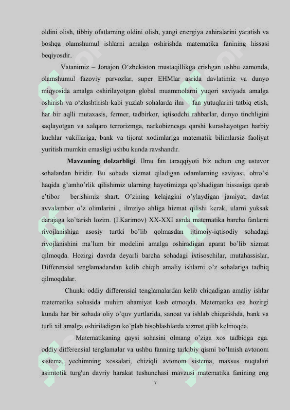 AVTONOM SISTEMA. YECHIMNING XOSSALARI. CHIZIQLI AVTONOM SISTEMA. MAXSUS NUQTALARI ASIMTOTIKTURG’UN DAVRIY HARAKAT TUSHUNCHASI. 7