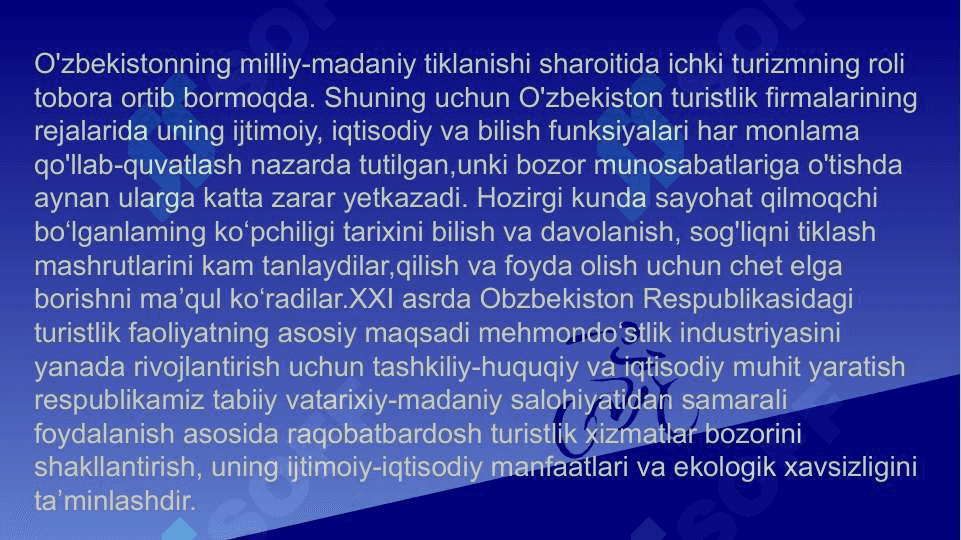 O‘zbekistonda turizmni rivojlantirishning istiqbollari Turizmni Qadimgi sayohatlar va ziyoratchilik Sayohat va turizm tushunchalarining farqi rejalashtirish kursining maqsadi va vazifalari 4