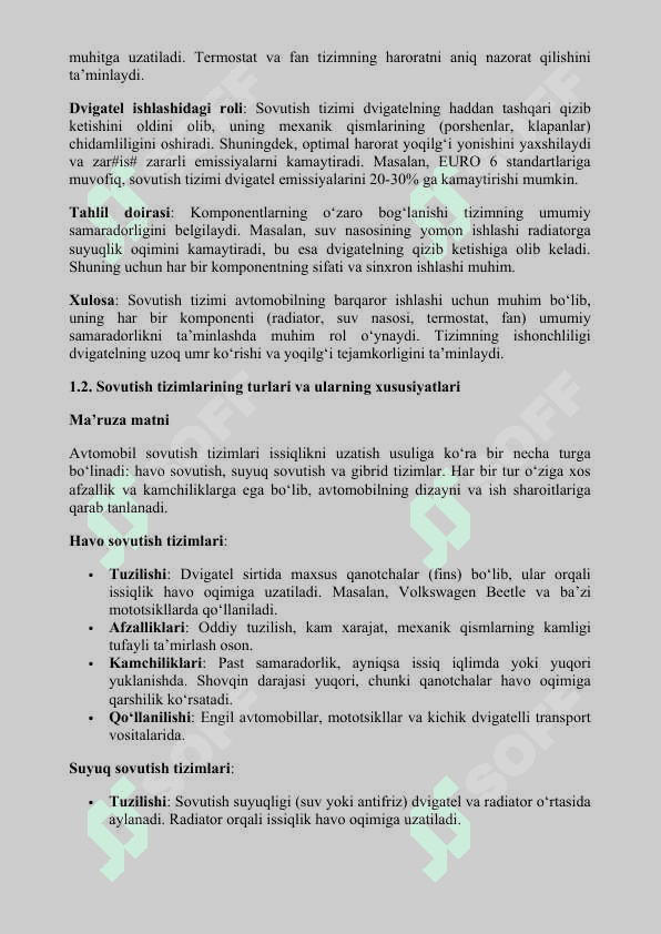 AVTOMOBIL SOVUTISH TIZIMI BO‘YICHA DIPLOM ISHI REJASI 3