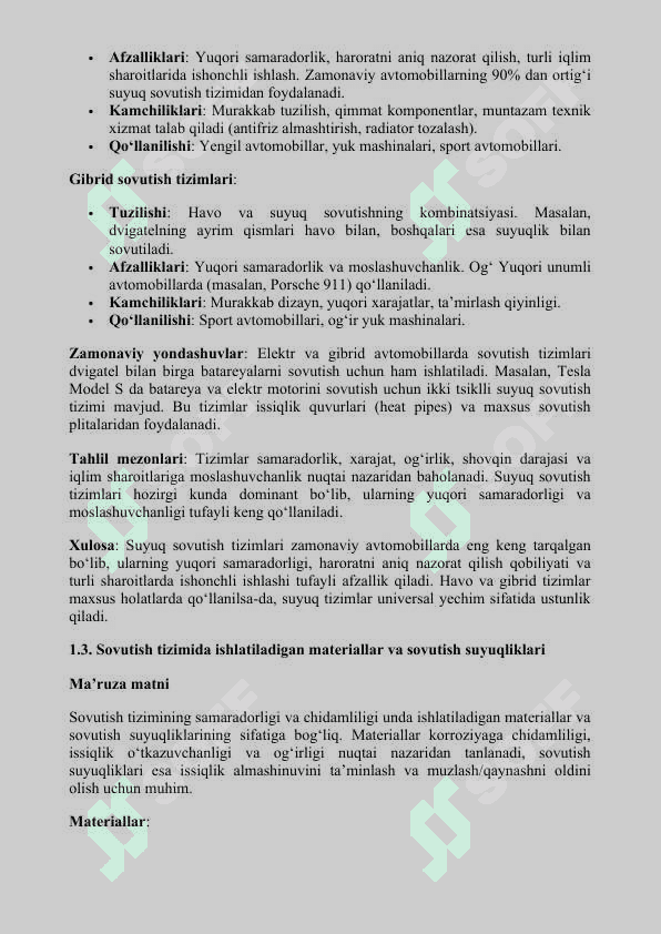 AVTOMOBIL SOVUTISH TIZIMI BO‘YICHA DIPLOM ISHI REJASI 4