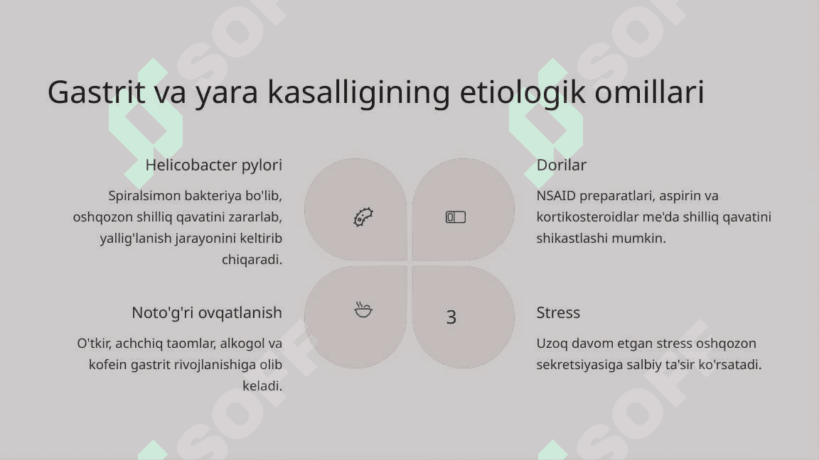 Oshqozon ichak sekretsiyasi faoliyatiga ta'sir etuvchi dori vositalar farmakologiyasi. Eksperimental gastrit va yara kasalligini modellashtirish uslublari, Alfa-amilaza va xelikobakter Pilori miqdorini tekshirishning biokimeviy va immunoferment uslublarini amalga oshirish. 4