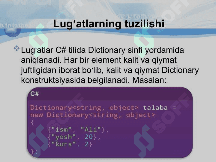 Lugʻatlar va ularning elementlari bilan ishlash C# dasturlash tilda 3