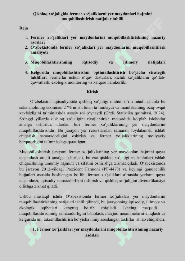 Qishloq xo‘jaligida fermer xo‘jaliklarni yer maydonlari hajmini muqobillashtirish 2