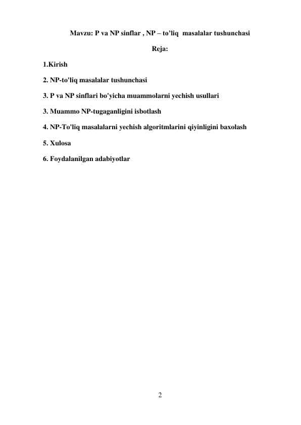 P va NP sinflar NP toliq masalalar tushunchasi