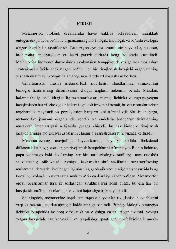 Metamorfozni umurtqasiz hayvonlar uchun ahamiyati - kurs ishi 3