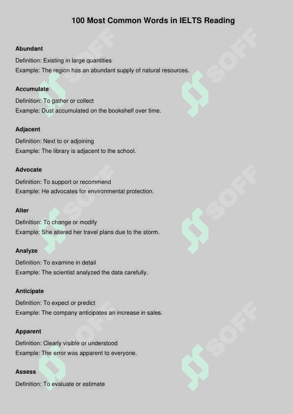 100 Most Common Words in IELTS Reading 2