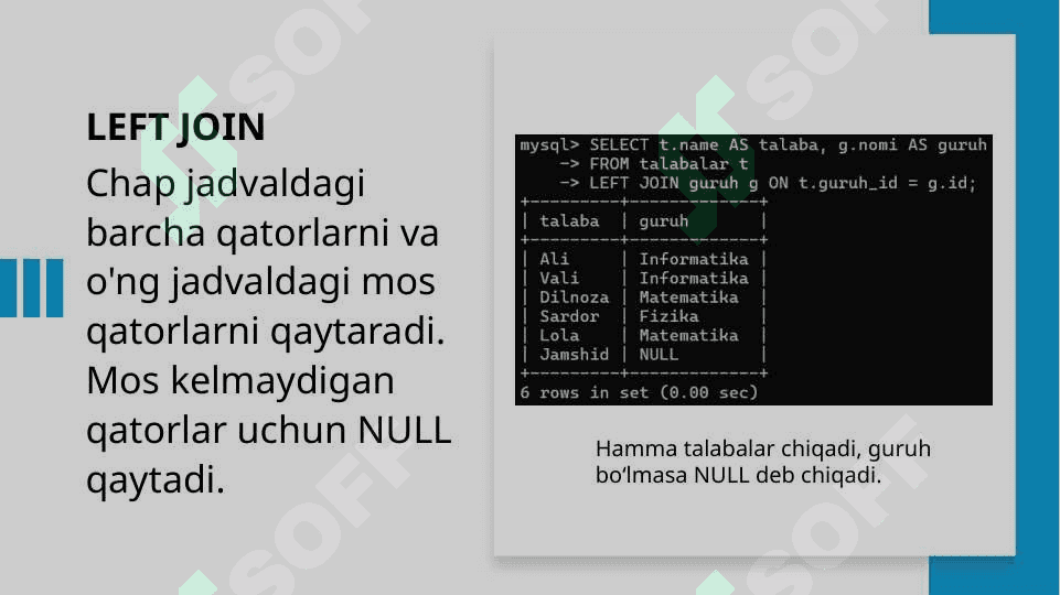 Bir nechta jadvallar birlashtirish, «JOIN» lar bilan ishlash. 8