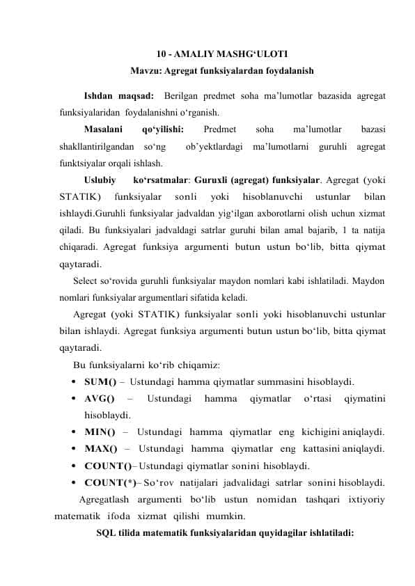 Agrеgat funksiyalardan foydalanish