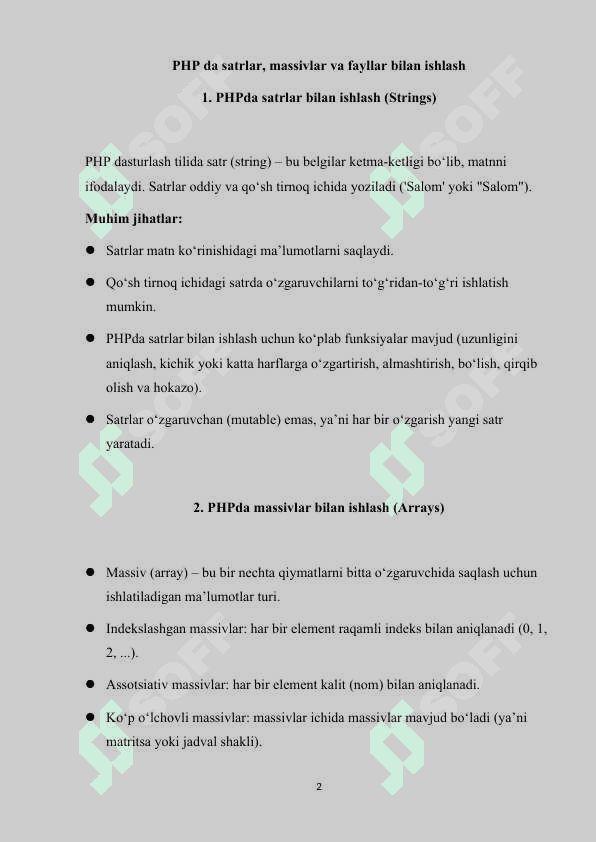 PHP da satrlar, massivlar va fayllar bilan ishlash 2