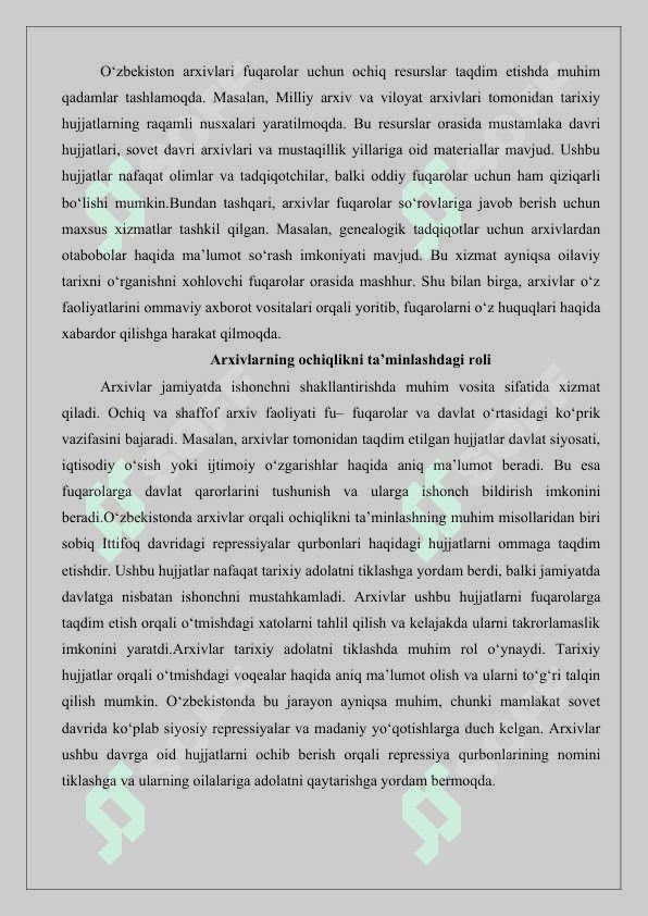 Arxivlar va jamoatchilik  ochiqlik, shaffoflik va axborotga tenglik 7