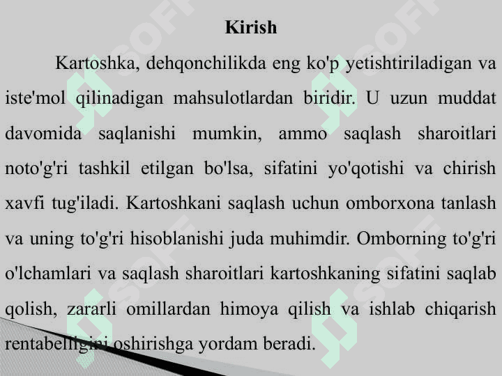 100 tonna kartoshkani saqlash uchun omborxonani tanlash va hisoblash 2