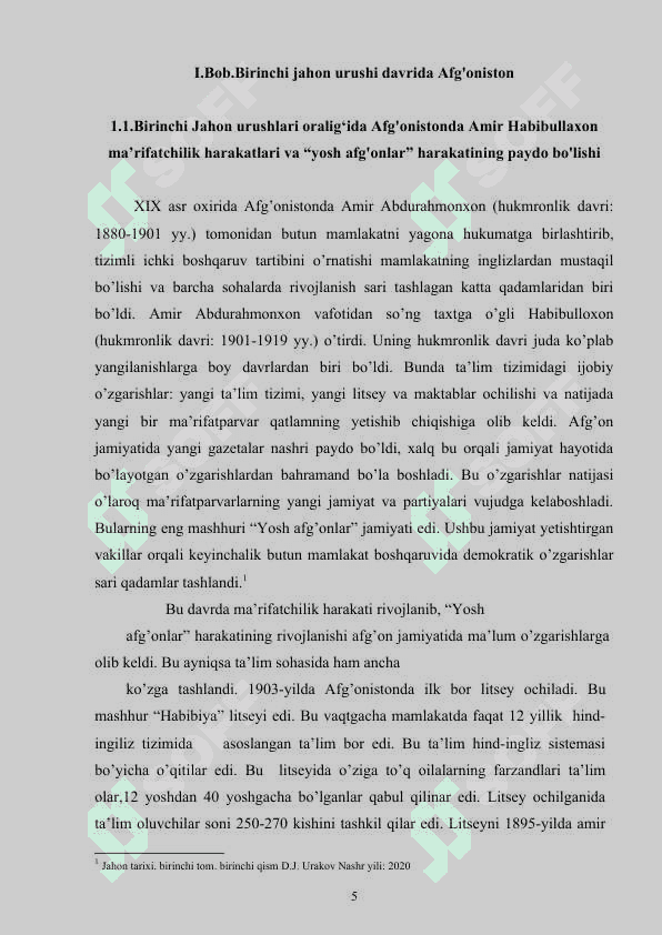 AFG'ONISTON BIRINCHI JAHON URUSHI YILLARIDA 5
