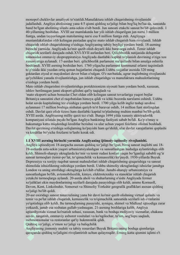 XVIII asrning birinchi yarmida Angliyaning 2