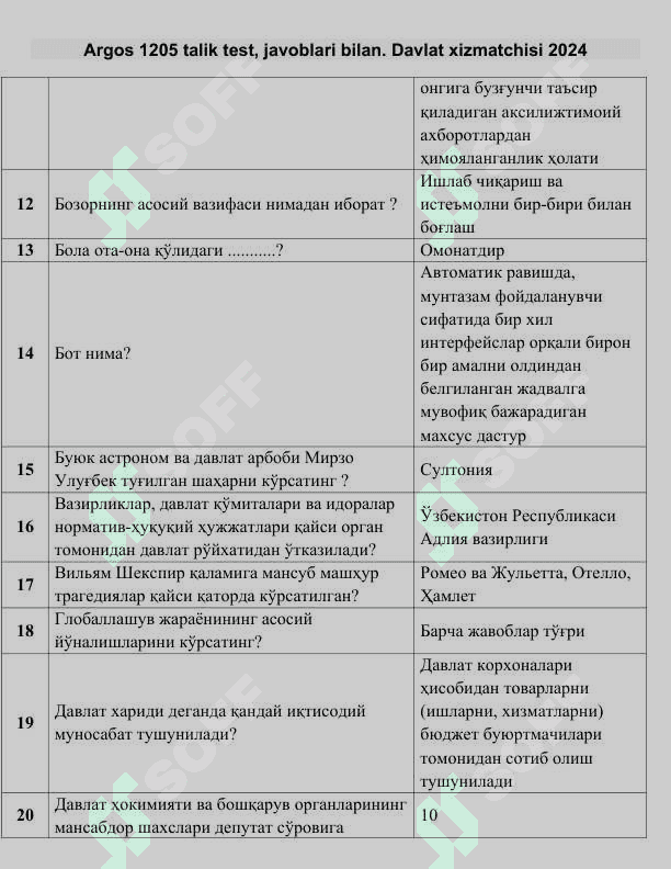 Argos 1205 talik test, javoblari bilan. Davlat xizmatchisi 2024 2