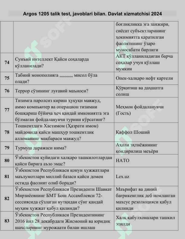 Argos 1205 talik test, javoblari bilan. Davlat xizmatchisi 2024 8