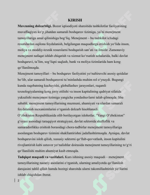 Menejment tamoyillari va ularning hozirgi sharoitda rivojlanishi. 2