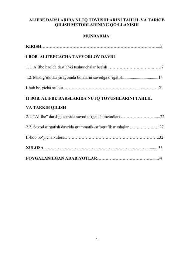 ALIFBE DARSLARIDA NUTQ TOVUSHLARINI TAHLIL VA TARKIB QILISH METODLARINING QO‘LLANISHI taxrir