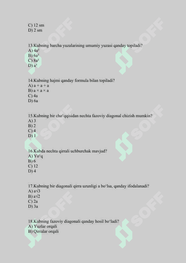 Fazoviy shakllar Kub va uning elementlari  test 3