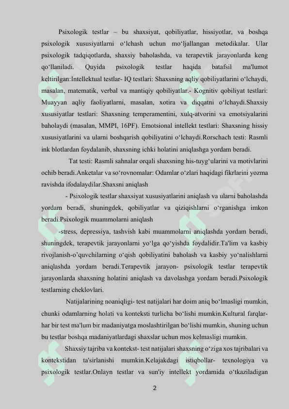 Psixologik testlar va ularning imkoniyatlari 2