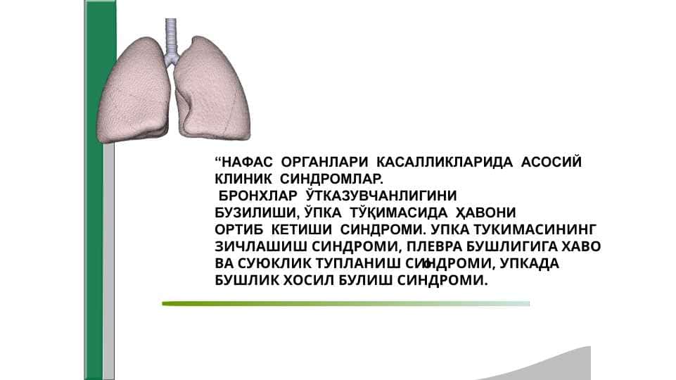 НАФАС  ОРГАНЛАРИ  КАСАЛЛИКЛАРИДА  АСОСИЙКЛИНИК  СИНДРОМЛАР.  БРОНХЛАР  ЎТКАЗУВЧАНЛИГИНИБУЗИЛИШИ, ЎПКА  ТЎҚИМАСИДА  ҲАВОНИ  ОРТИБ  КЕТИШИ  СИНДРОМИ. УПКА ТУКИМАСИНИНГ ЗИЧЛАШИШ СИНДРОМИ, ПЛЕВРА БУШЛИГИГА ХАВО ВА СУЮКЛИК ТУПЛАНИШ СИНДРОМИ, УПКАДА БУШЛИК ХОСИЛ БУЛИШ СИНДРОМИ.