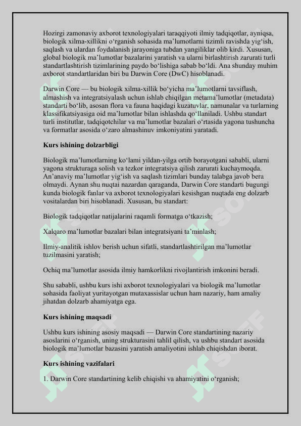 Darwin Core mavzu kurs ishi 3