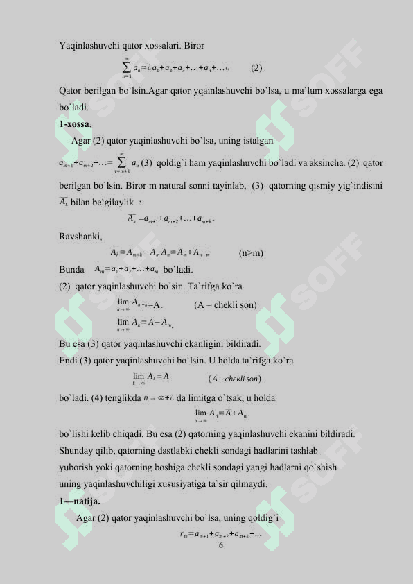 Sonli qatorlarni yaqinlashish alomatlari 6
