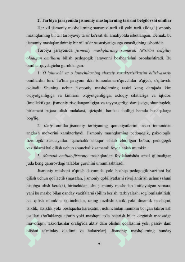 JISMONIY MASHQLARNING TA’SIRINI BELGILOVCHI OMILLAR 6
