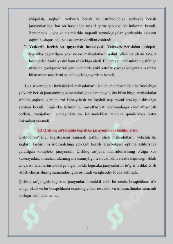 Qishloq xo’jaligi ishlab chiqarish logistikasida omborlarni o’rni 	MUNDARIJA 8