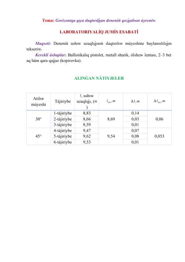 Gorizontqa qıya ılaqtırılǵan deneniń qozǵalısın úyreniw