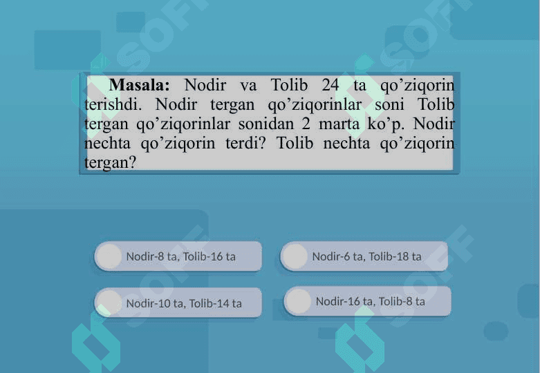 IKKI YOKI BIR NECHA SONNI ULARNING YIG’INDISI (YOKI AYIRMASI) VA KARRALI NISBATIDAN TOPISHGA DOIR MASALALAR. IKKI MIQDORNING AYIRMASIDAN NOMA’LUMNI TOPISHGA DOIR MASALALAR. 4