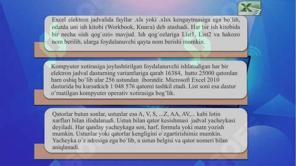 ELEKTRON JADVALLARDAN FOYDALANISH TEXNOLOGIYALARI. MS EXCEL DASTURI VA UNING IMKONIYATLARI. 6