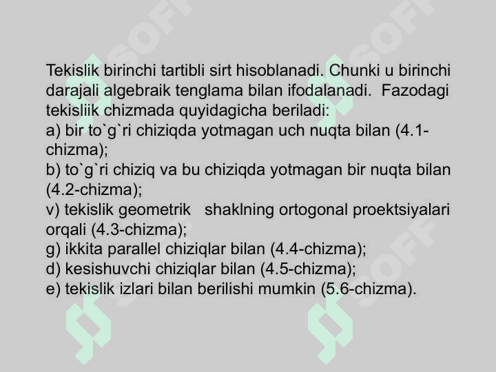TEKISLIKNING EPYURDA BERILISHI. TEKISLIKNING PROYEKSIYALAR TEKISLIKLARIGA  NISBATAN TURLI VAZIYATLARI 2