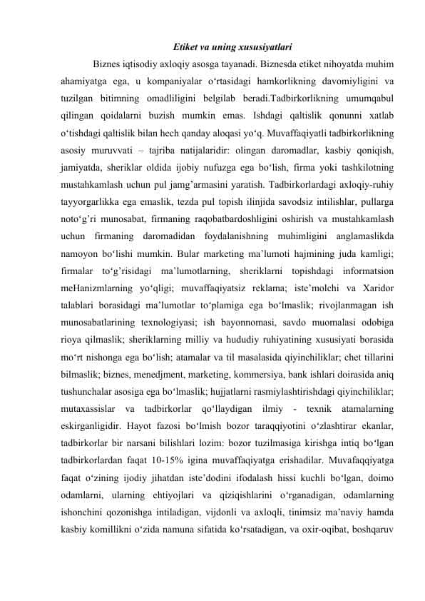 Etiket va uning xususiyatlari
