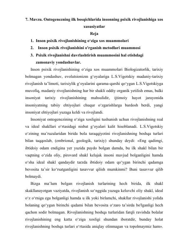 Ontogenezning ilk bosqichlarida insonning psixik rivojlanishiga xos xususiyatlar