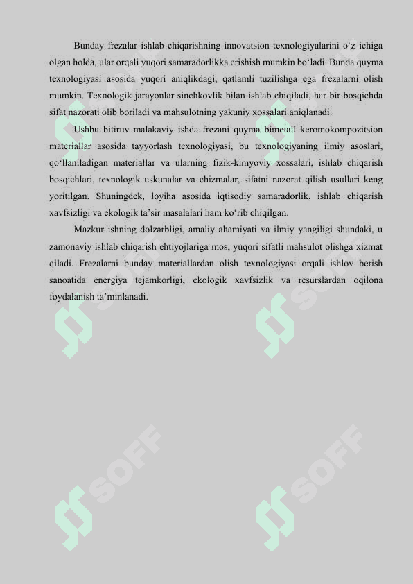 Frezani quyma bimetall keramokompozitsiya ko‘rinishda olish texnologiyasini ishlab chiqish 7