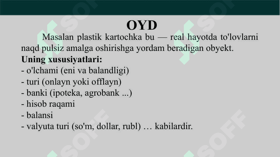 OBYEKTGA YO'NALTIRILGAN DASTURLASH TUSHUNCHASI 5