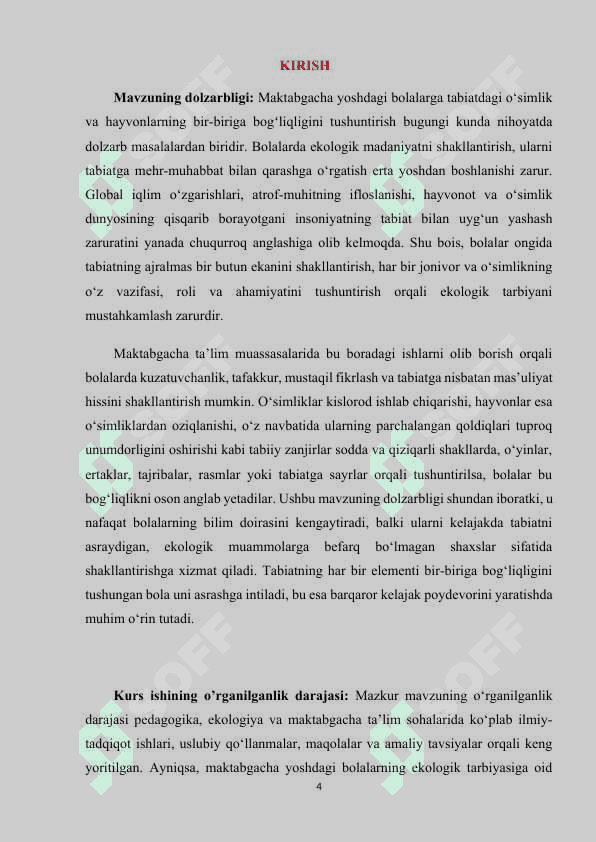 Maktabgacha yoshdagi bolalarga tabiatdagi o‘simlik va hayvonlarning bir-biriga bogʻliqligini tushuntirish usullari (KURS ISHI) 4