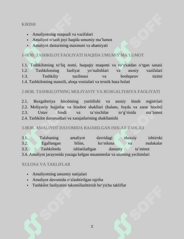 AMALIYOT HISOBOTI 
•	Tashkilot nomi: “UNIVERSAL METALLCONSTRUKSIYA” MCHJ
•	Faoliyat turi: Xizmat ko‘rsatish (metall konstruksiyalarni ishlab chiqarish, o‘rnatish va ta’mirlash xizmatlari) 2