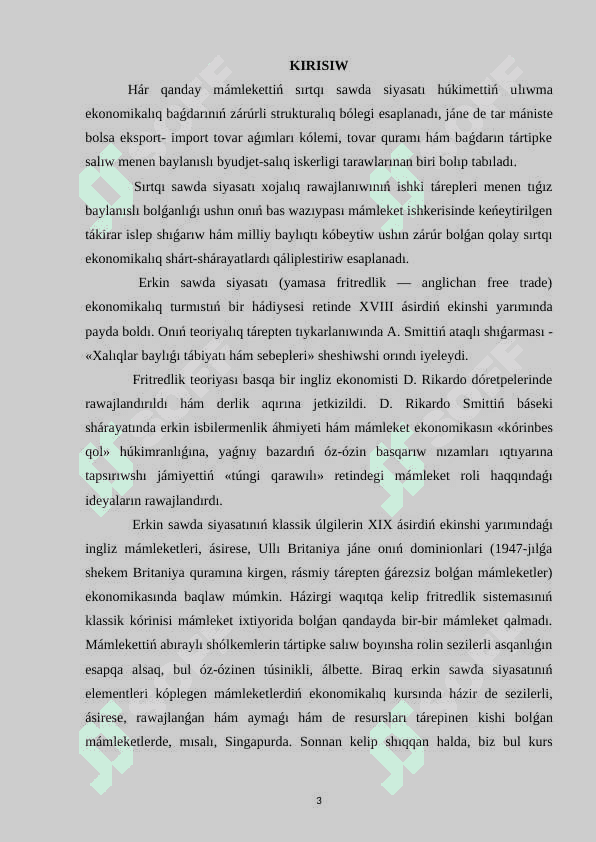 Rawajlanǵan mámleketlerde sırtqı sawda jáne onıń zamanagóy baǵdarları kurs jumısı 3