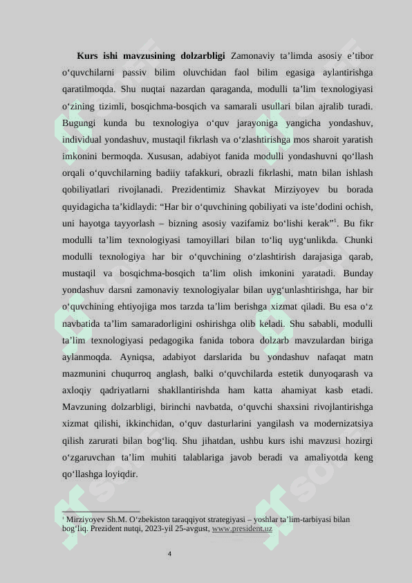 Modulli ta'lim texnologiyasi xususiyatlari va adabiyot o'qitishda undan foydalanish KURS ISHI 4
