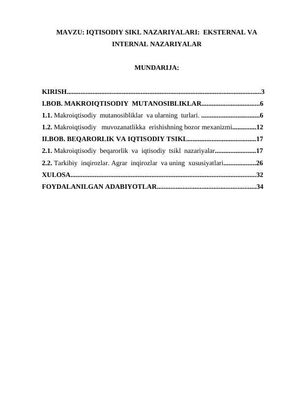 IQTISODIY SIKL NAZARIYALARI  EKSTERNAL VA INTERNAL NAZARIYALAR