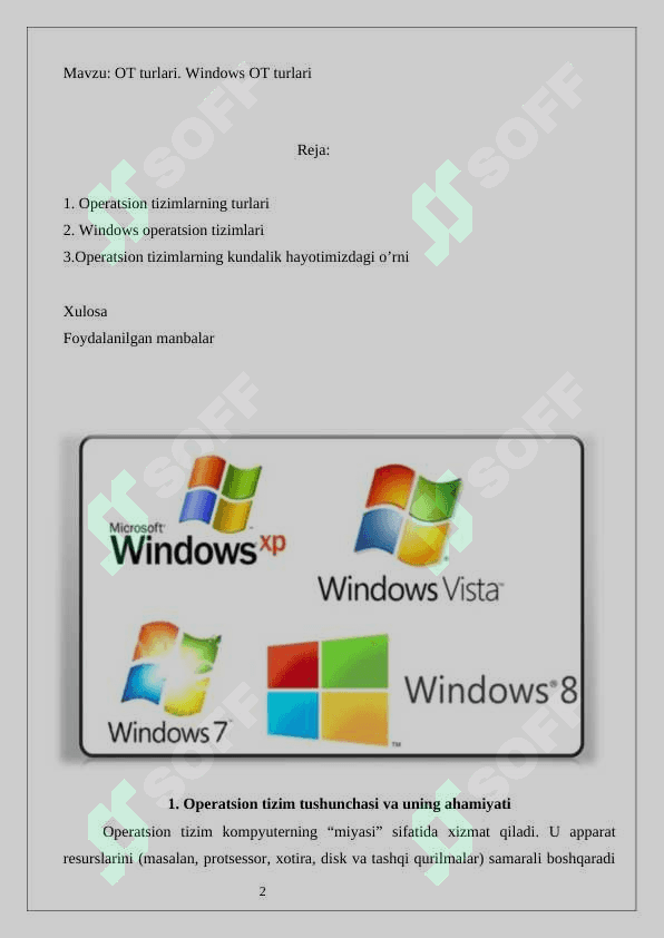 OT turlari. Windows OT turlari. 2