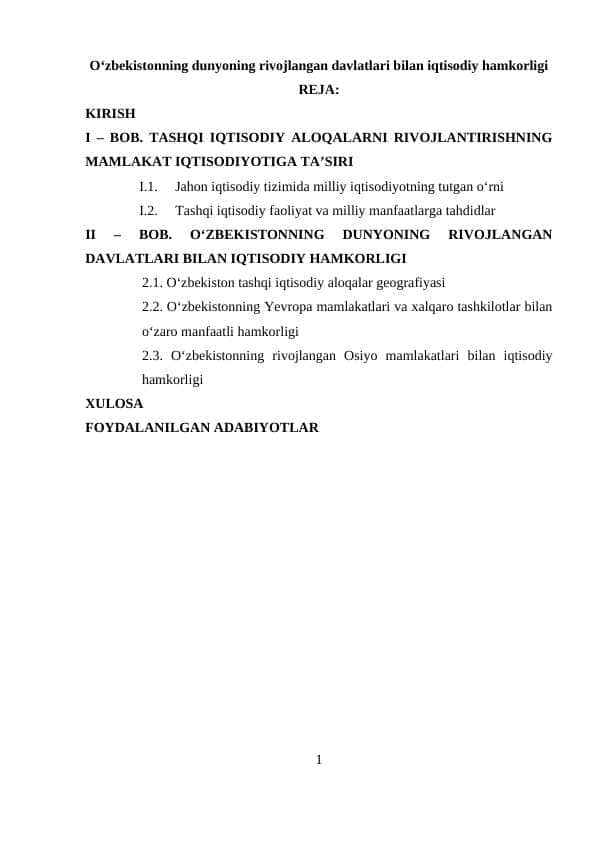 O‘zbekistonning dunyoning rivojlangan davlatlari bilan iqtisodiy hamkorligi