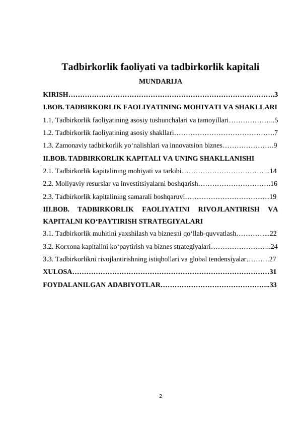 Tadbirkorlik faoliyati va tadbirkorlik kapitali
