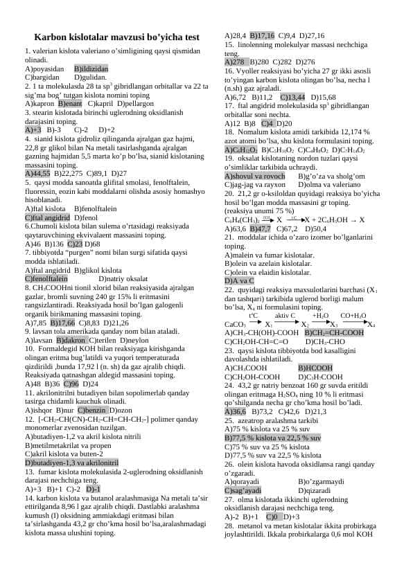 Karbon kislotalar mavzusi bo’yicha test