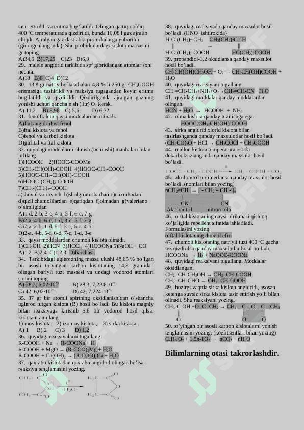 Karbon kislotalar mavzusi bo’yicha test 2