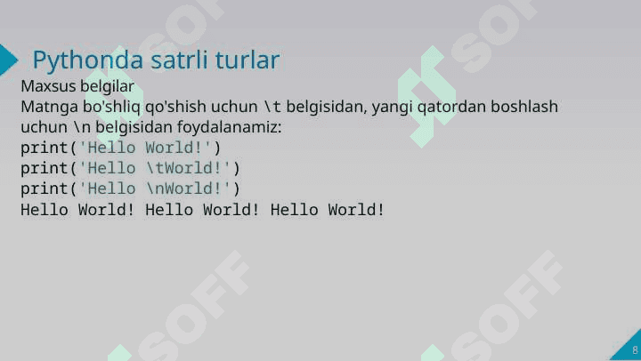 Pythonda satrlar bilan ishlash 8