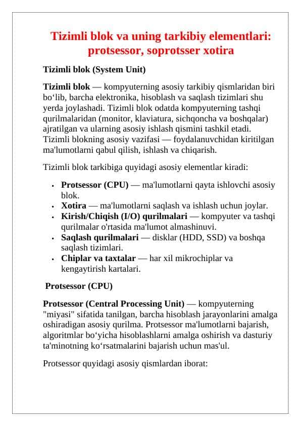 Tizimli blok va uning tarkibiy elementlari: protsessor, soprotsser xotira