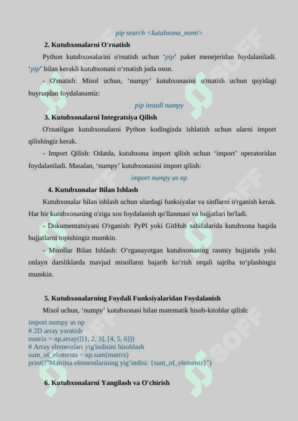 6 Ma'ruza PYTHON DASTURLASH TILI ORQALI KERAKLI KUTUBXONALARNI QIDIRIB TOPISH O‘RNATISH INTEGRATSIYA QILISH VA ULAR BILAN ISHLASH 2