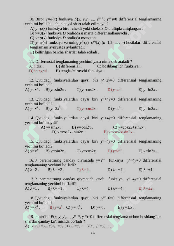 Differensial tenglama fanidan testlar 2